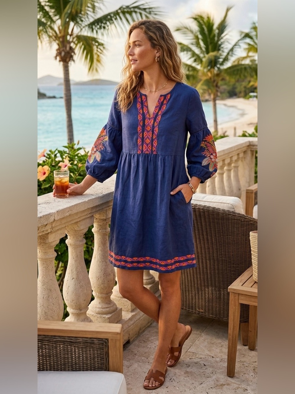 Tommy Bahama Navy Linen Blend Embroidered Boho Shift Dress Size S